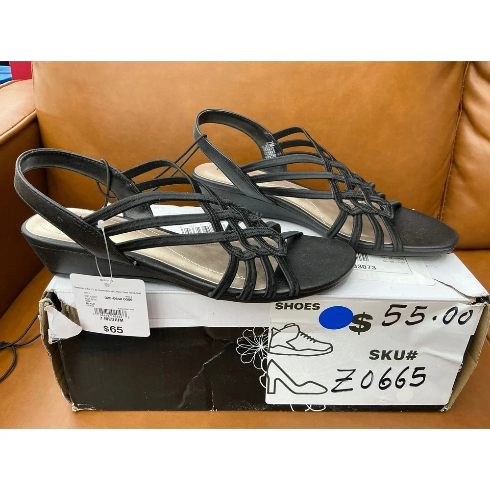 East 5th Reno Wedge Sandals Womens 7 Black Strappy Slingback Knotted EF RENO